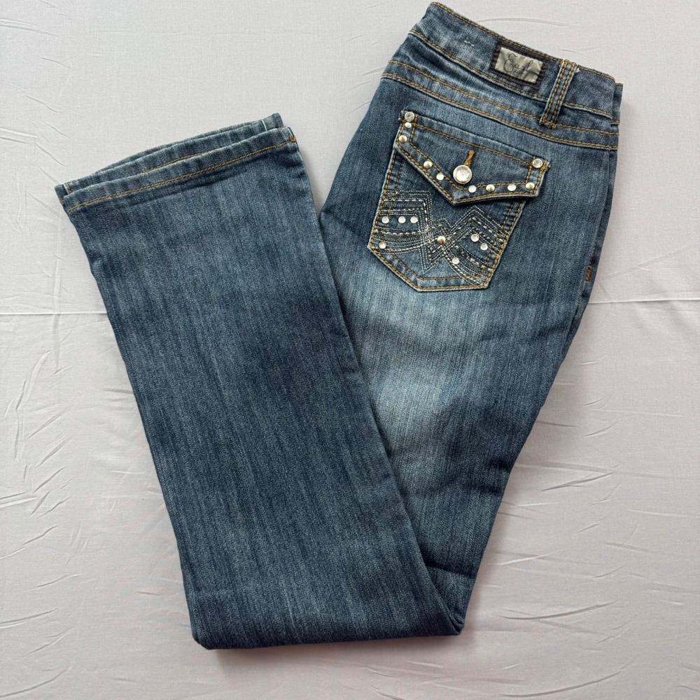 Earl Jean Womens Size 10 Medium‎ Wash Rhinestone Studded Bootcut Denim Jeans